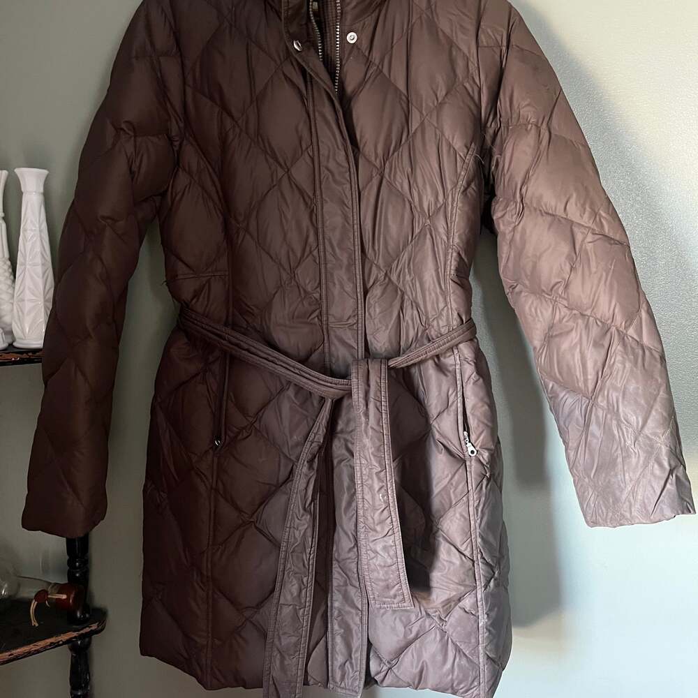 Eddie Bauer Brown Down Puffer Long Jacket Women's S EB650 Belted Hooded Full Zip